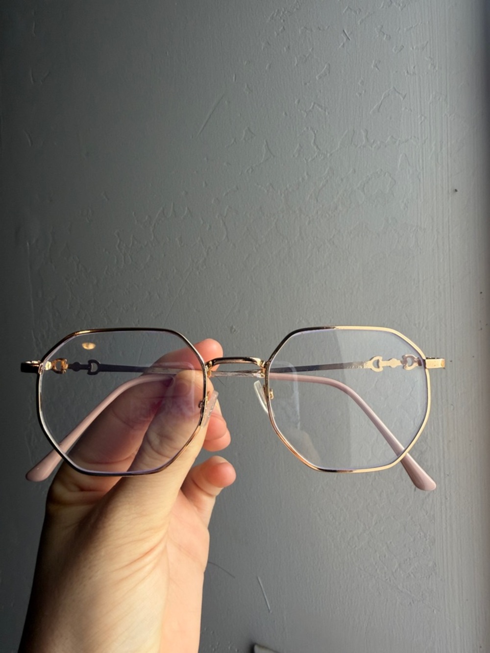 Gold Frame Eyeglasses with Pink Temples